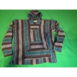 Baja Joe Men's XL Black/Green/White‎ Striped Knit Pullover Hoodie Hooded Pockets